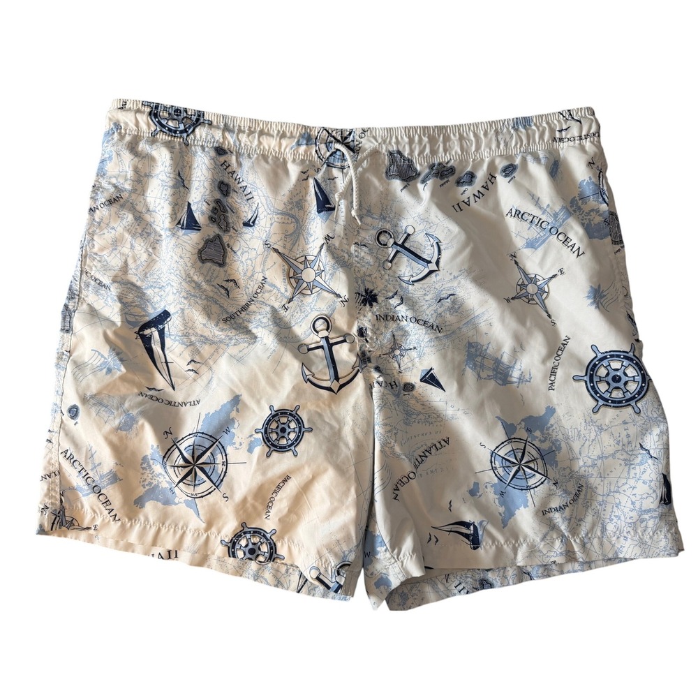 Swim Trunks XL White Blue Nautical Map Anchor Print Shorts Trader Bay Coastal